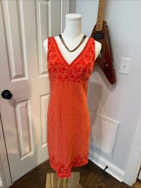 ABS Allen Schwartz Coral Embroidered V-Neck Sleeveless Midi Dress 100% Linen